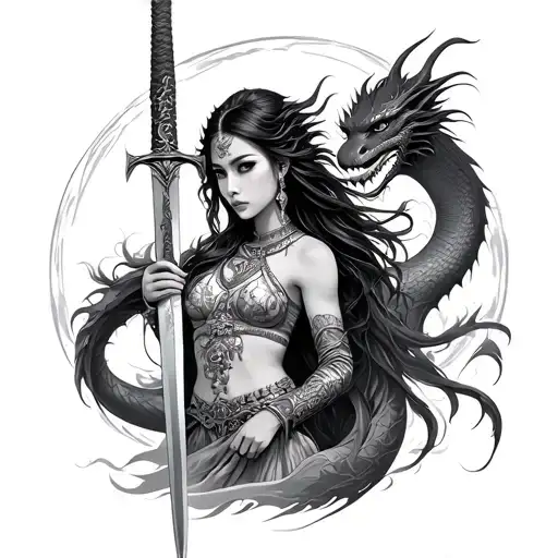 Samari Women With Sword And Dragon