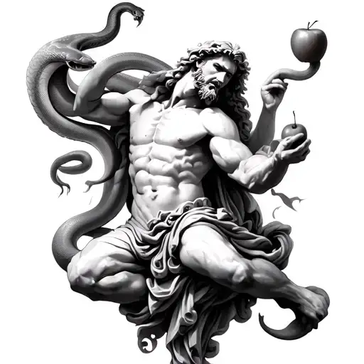 Zeus Gabbing The Apples Of The Hesperides And A Snake Is Coming Up His Arm Trying To Bite It