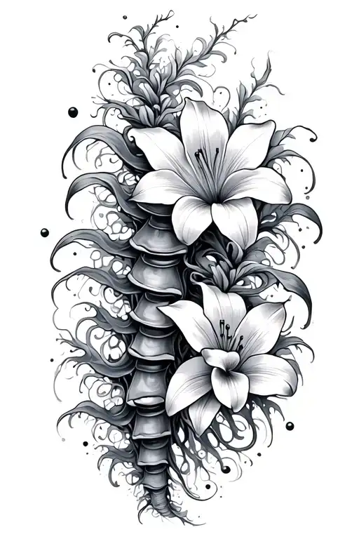 Spine Tattoo Seaweed Ocean Themed With Lily Flowers