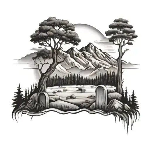 Mountain Range With Tree Line And Grave Yard At Bottom