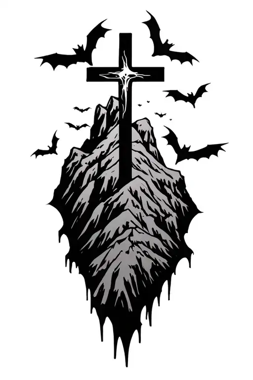 A Cross On Top Of A Mountain With Small Bats Flying Around