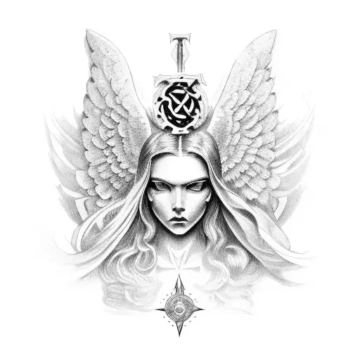 Tecnic Angel Surrounded By Nordic Symbols In Black-grey Style