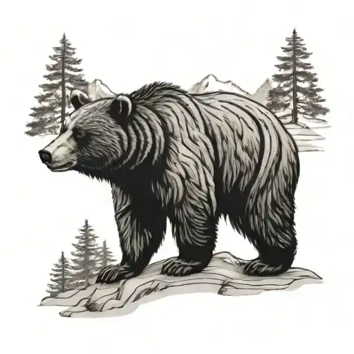Black Bear And Woods And Mountain