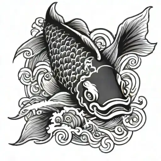 Koi Fish And Hanya Mask With Waves Between