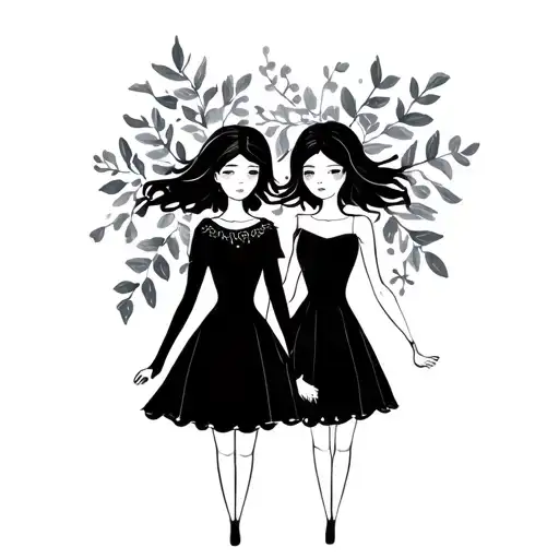 Two Litthe Girls Holding Hands Solid Black Silhouette