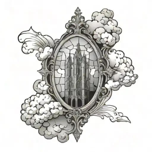 Baroque Victorian Gothic Stained Glass Windows And Clouds In The Background