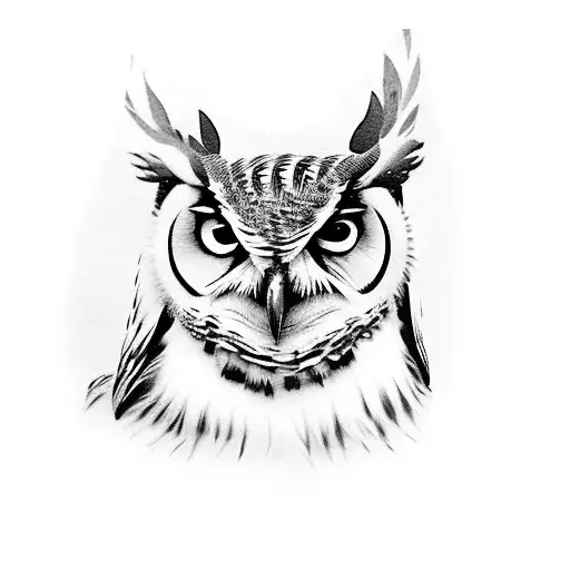 Full Sleeve Of Japaense Magnolia Tree Branches With A Great Horned Owl Perhced In The Branch