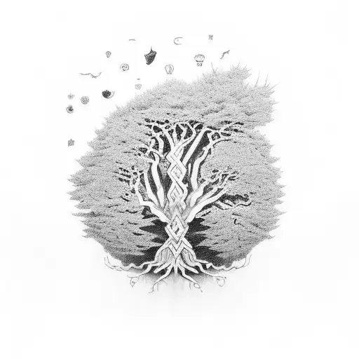 The World Tree Yggdrasil With Various Norse Symbols Intertwined In Its Branches