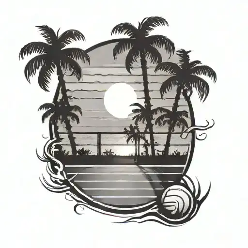 A Sun Setting Over A Volleyball Court With Palm Trees Silhouetted In The Background