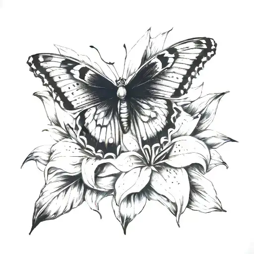 Dark Realistic Lilly Flower With Butterfly