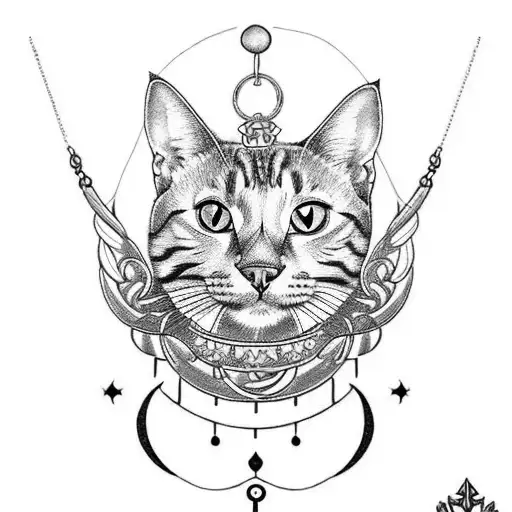 A Blackwork Tattoo Of A Cat Wearing A Leo And Libra Zodiac Necklace While Tattooing Itself