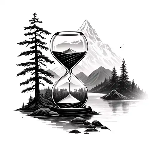 Hourglass With Wrapped Tree Branches And Mountain And River