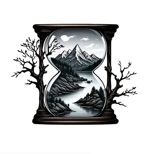 Mountain And River Inside An Hourglass With Tree Branches Wrapped