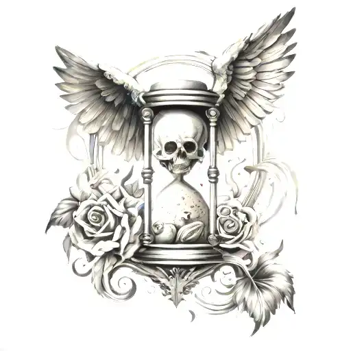 Hourglass With Sand And Skull With Wings Spread Wings