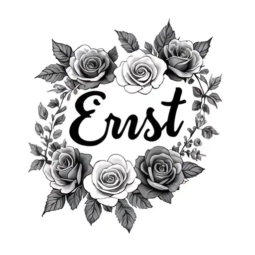 The Name Ernst In Creative Cursive And Roses And Other Flowers Surrounding The Name Ernst In Cursive