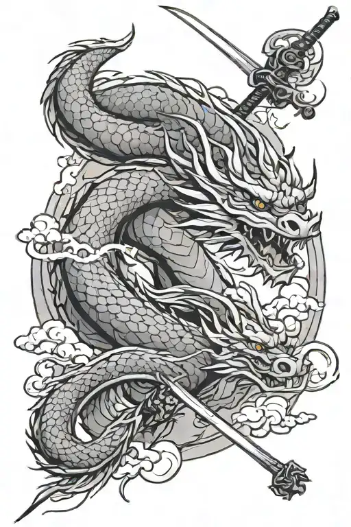 Dragon And Katana And Clouds Swirling