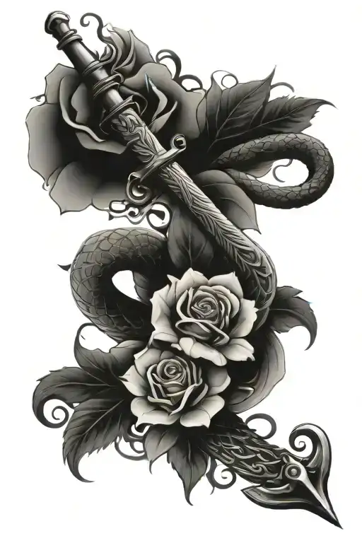 Flowers Blooming On A Snake Wrapped Around A Sword