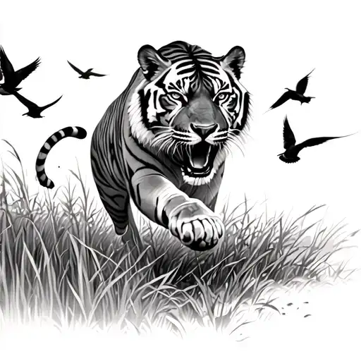 Tiger Jumping Out Of Tall Grass Chasing Birds