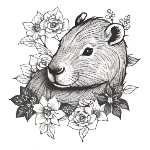 Create A Picture Of A Cute Capybara Sleeping On Flowers Simple Minimalist Black And White Drawing