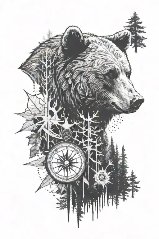 Bear In The Forest With A Nortic Compass On One Of The Eyes