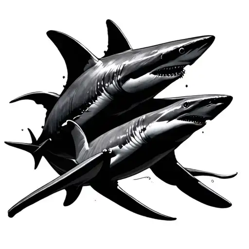 Thresher Shark And Hammer Head Shark Swimming Together