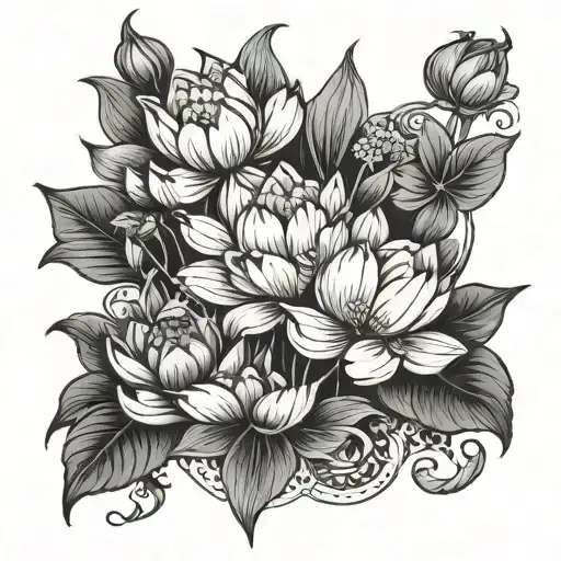 Neo Traditional Lotus And Poppy Flowers With Leaves For Foot
