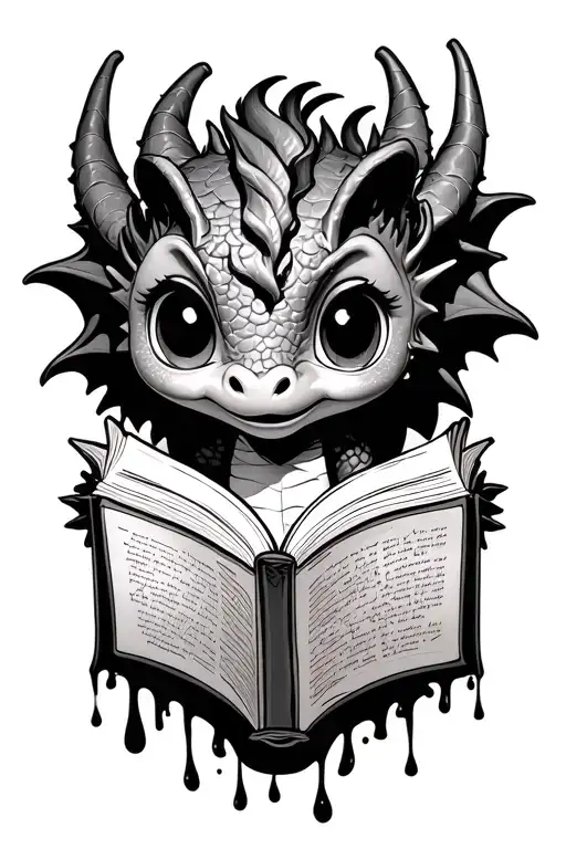 Baby Dragon With Big Eyes Reading An Open Book With The Words Of The Pages Dripping Off