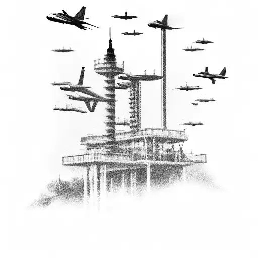 Air Traffic Control Tower Surrounded By Airplane Silhouettes