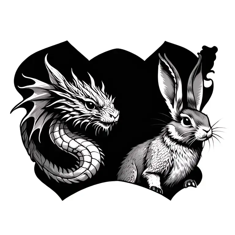 Mad Rabbit Right Side And Dragon Left Side Chest Tattoo Design Inspired