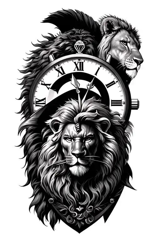 Spartan Warrior With A Lion And A Lioness And A Watch In Roman Numerals In The Background