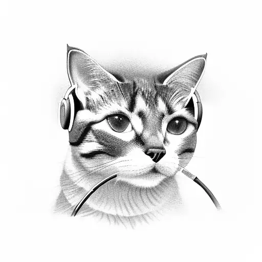 A Black And Grey Portrait Of A Cat Wearing Headphones