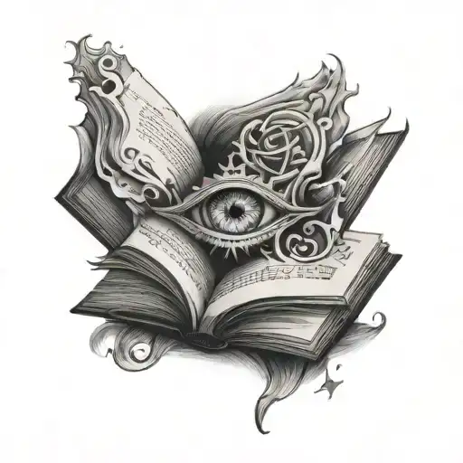 Open Book Facing Up With Upside Down Cross On The Left Side And A Eye On The Right Side