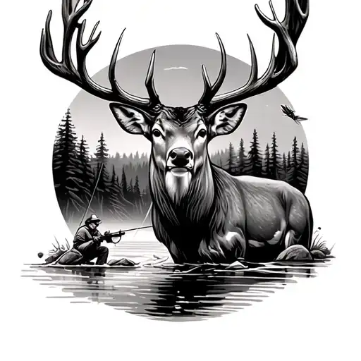 Whitetail Buck Standing By A River In The Woods With A Fly Fisherman In The Background