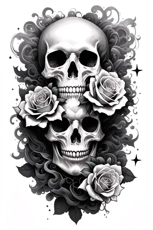 Soft Skull Roses Intertwined Clouds Behind Smoke Stars