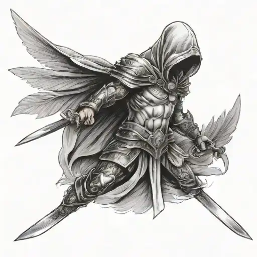 Warrior With Sword In Front With Hood And Open Wings In Full Growth