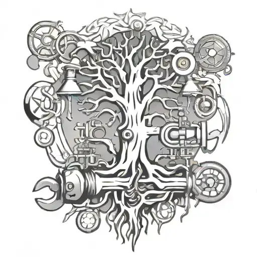 Ygg Drasil Tree Surrounded By Plumbing Tools Like Wrenches