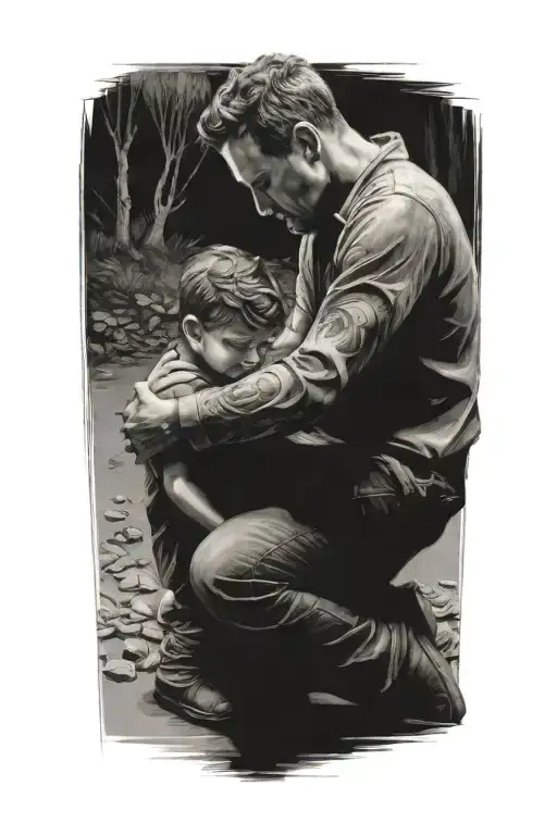 A Man Kneeling Next To A Child And Comforting Him
