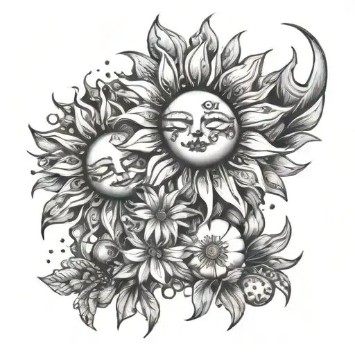 Sun And Moon Flowers Growing And Planets