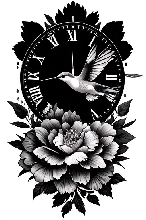 Clock Face Flowers And Hummingbird Flying Long
