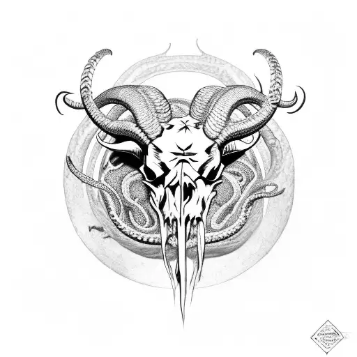 Ram Skull With Snakes Coming Out The Top And Spider Webs In The Horns