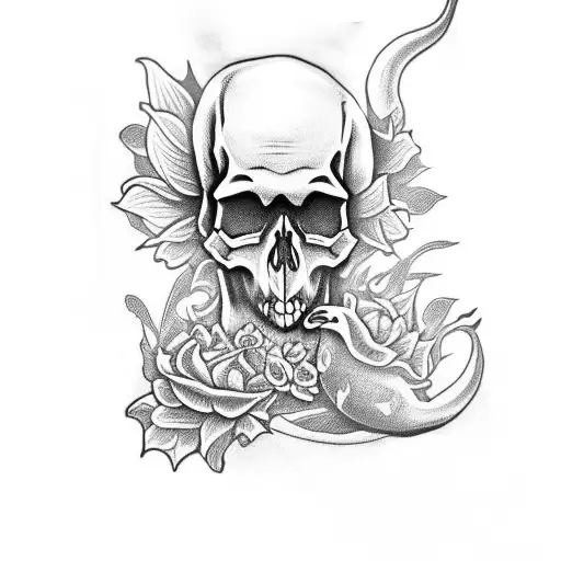 Skull With Dragon And Flowers
