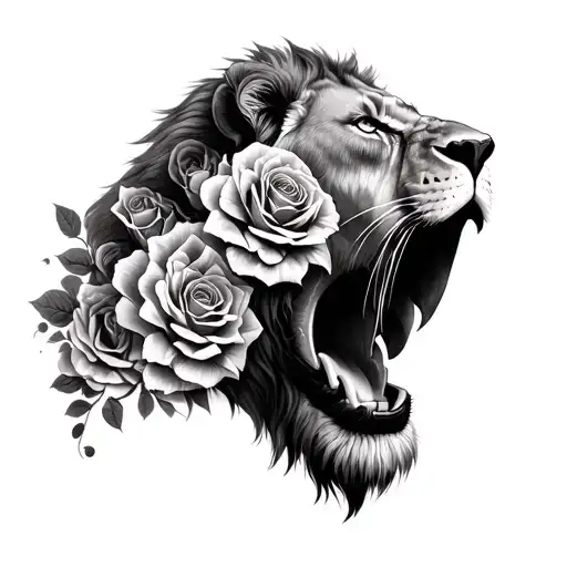 3 Seperate Lions In A Up And Down Line Covered Mouth With Roses Growing