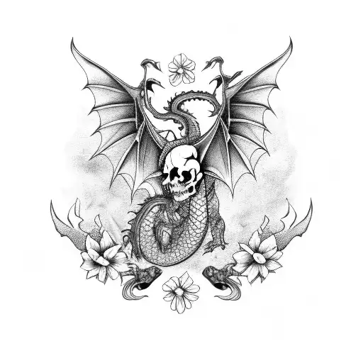 Dragon With Skull And Flowers