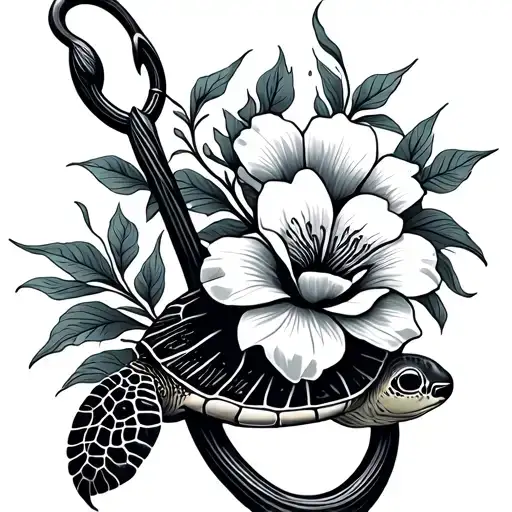 Guam Hook With Flower And Turtle Swimming Gracefully
