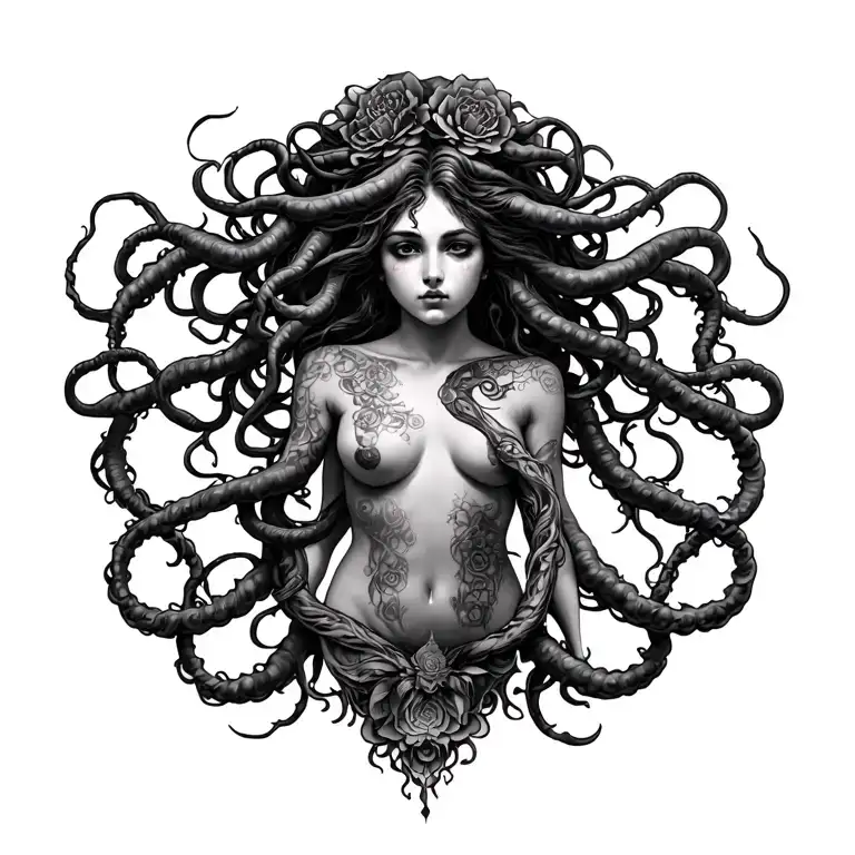 Medusa Inpired Full Back Black Background Tattoo For Women