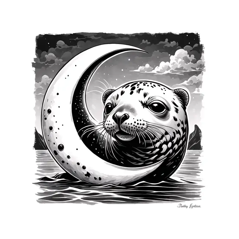 Harbor Seal And Crescent Moon