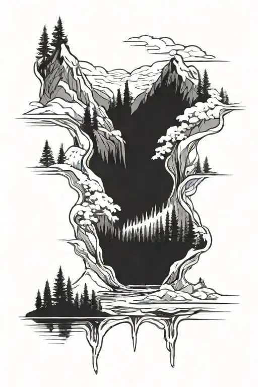 Snowy Mountain With Forest And River Flowing