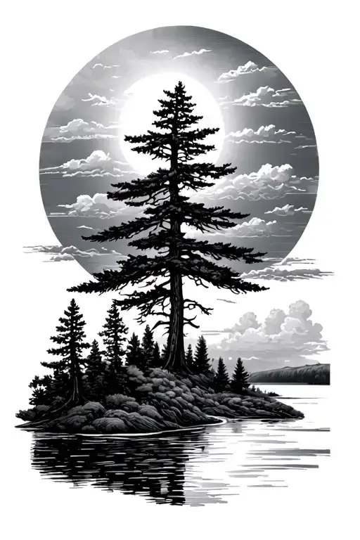 5 Pine Trees With River Between And Sun With Clouds