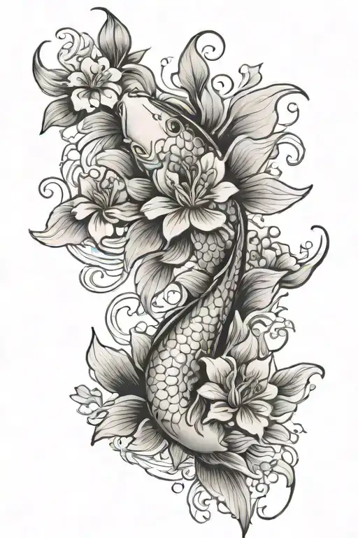 Koi Fish Swimming Upstream With Hibiscus Flowers