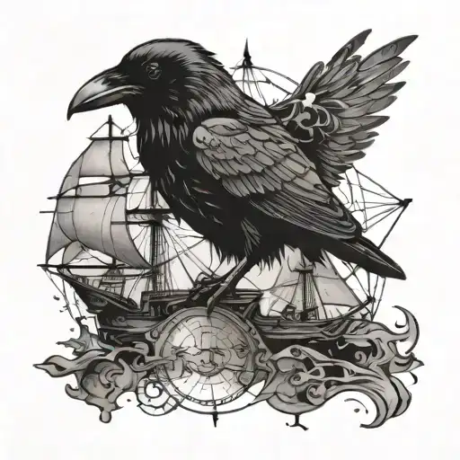 Raven On A Ship Sailing Through A Galaxy